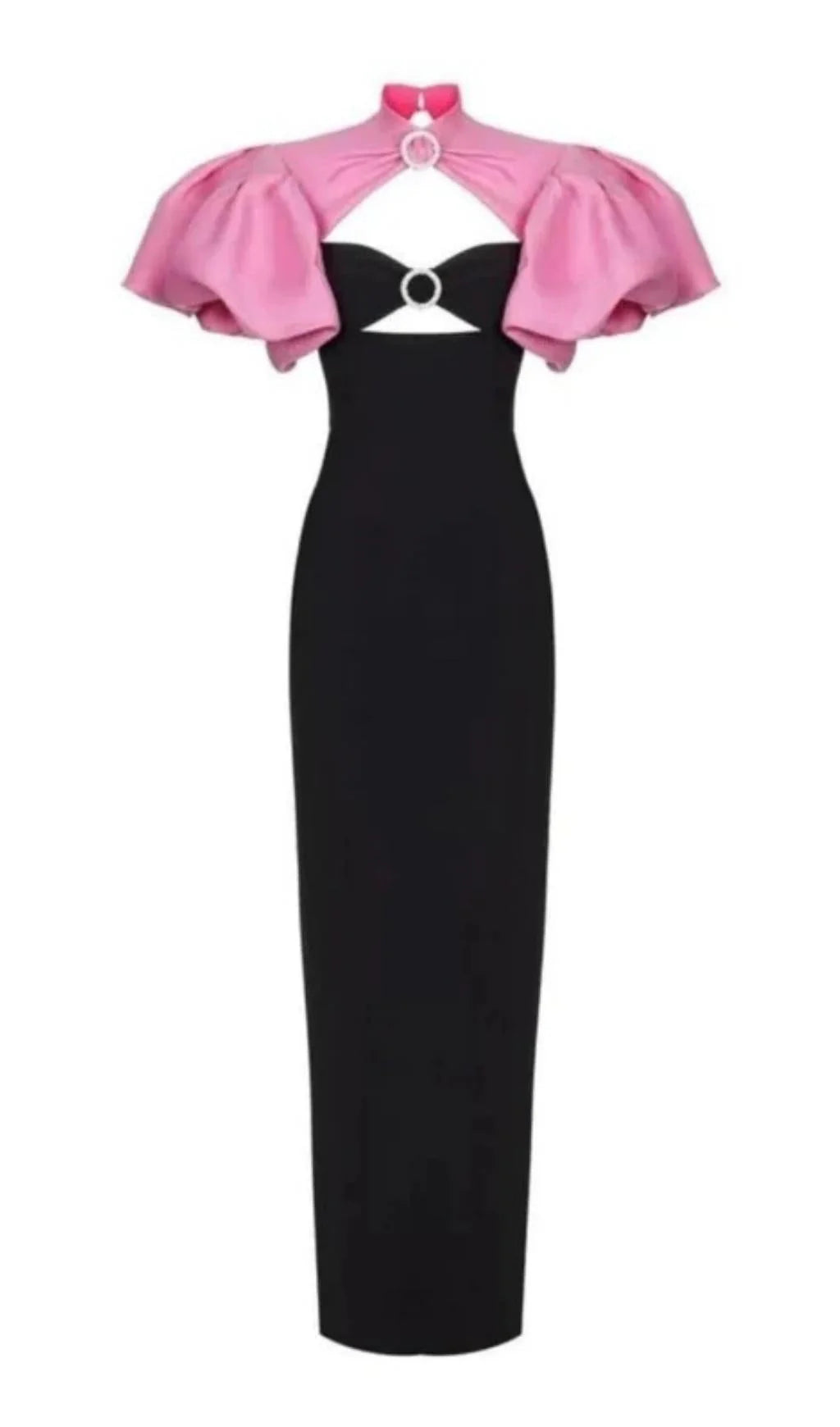 Robe de bal formelle à dos nu, manches bouffantes et col haut